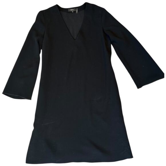 EUC Theory Ulyssa Admiral Bell Sleeve Crepe Dress W/ Pockets Black Size Medium - Picture 10 of 16